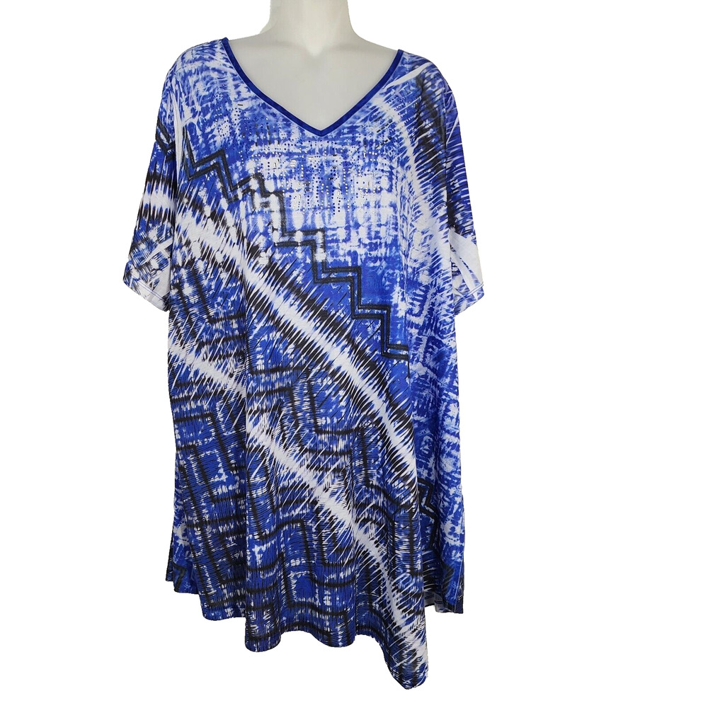 Catherines Womens Tunic Top 1X V Neck Short Sleeve Blue Printed Beaded Strappy
